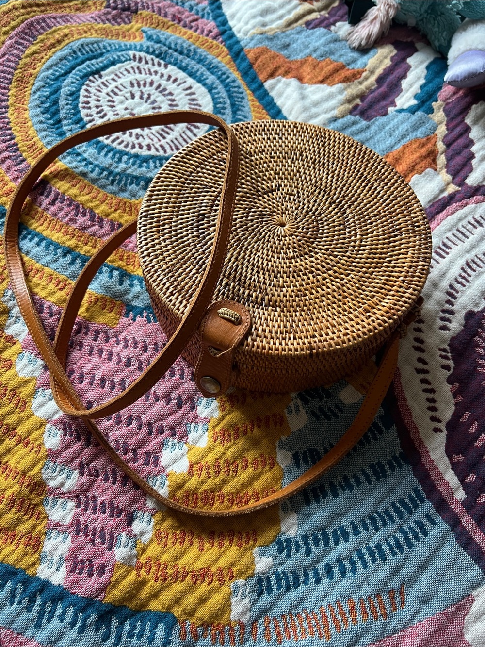 Amerii Rattan Round Woven Crossbody Bag in Tan with Leather Trim - Picture 3 of 11